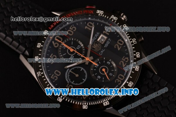 Tag Heuer Carrera Calibre 1887 Automatic Chronograph Miyota Quartz PVD Case with Black Dial Orange Second Hand and Black Rubber Strap - Click Image to Close